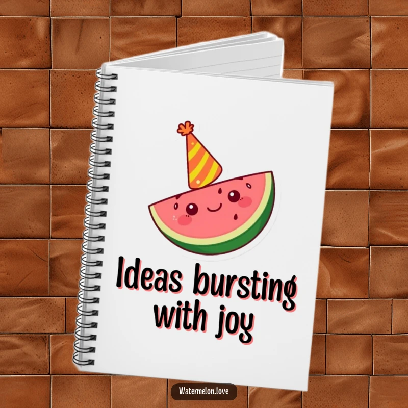 Funny Kawaii watermelon slice notebook with a party hat, cheering, perfect for jotting down party ideas with humor.