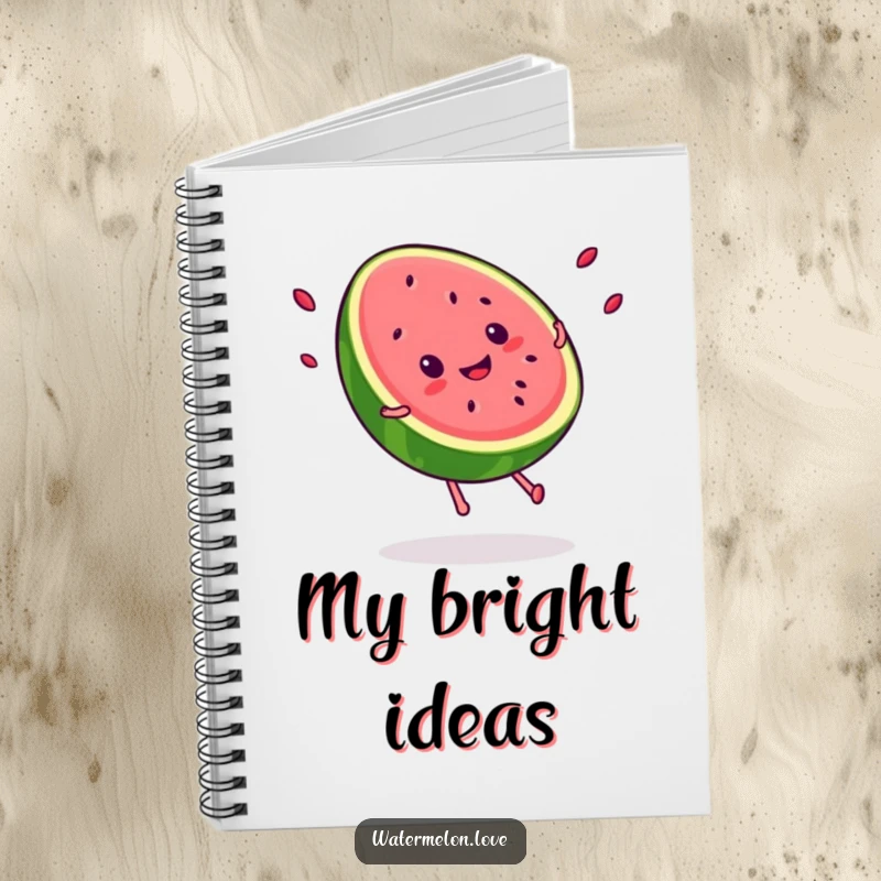 Funny Kawaii smiling watermelon slice doing a cartwheel, seeds flying, a space for creativity and fruity fun.