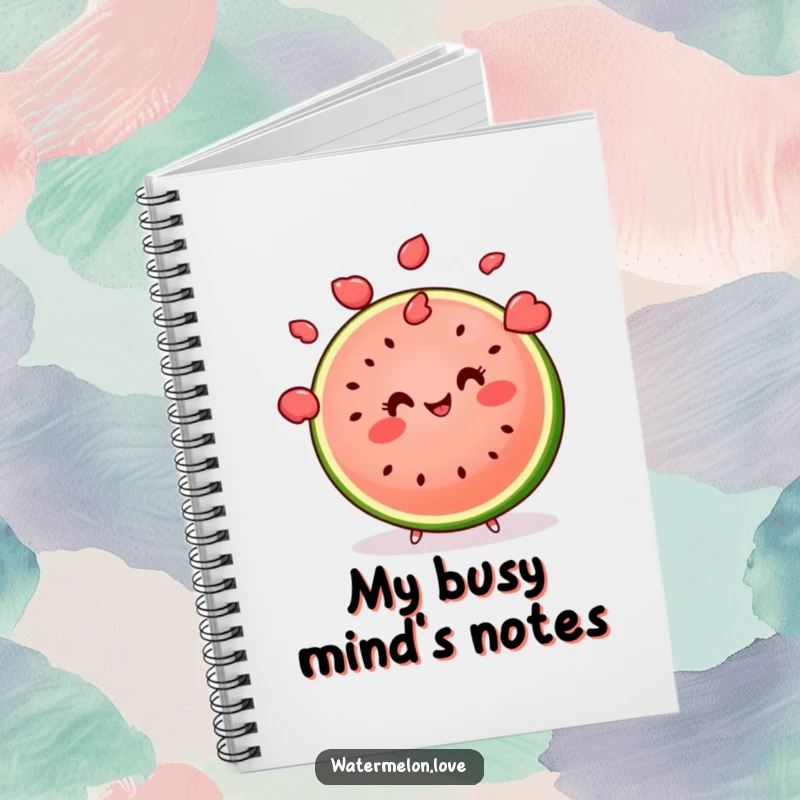 Funny kawaii watermelon slice juggling multiple seeds with a smile, a humorous notebook for ideas.