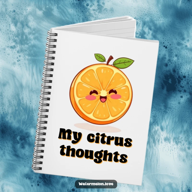 Funny notebook with a cover illustration of a happy orange segment in a dynamic spin, inspiring writing.