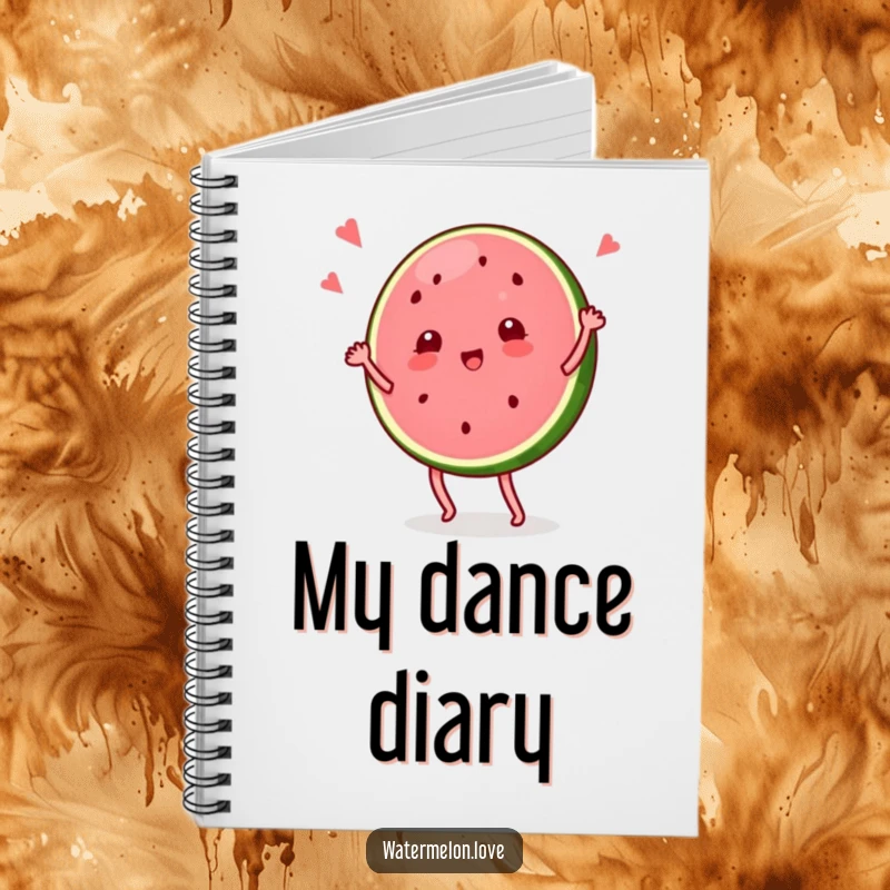 Funny notebook with a watermelon slice character doing a silly dance, designed to inspire creative thoughts and cheerful note-taking.