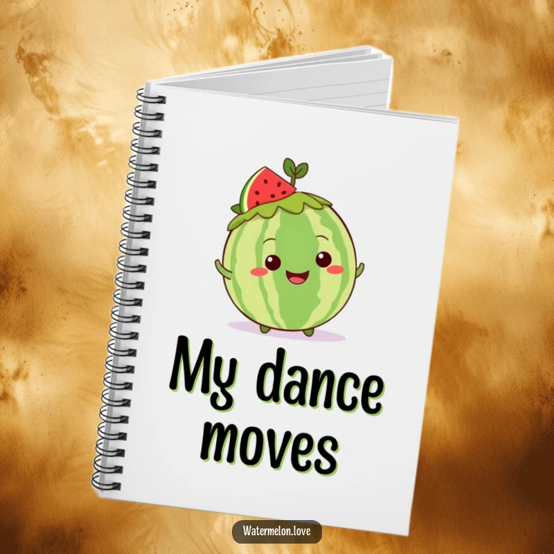 Funny Kawaii whole watermelon notebook, showing a grinning character with a leafy crown happily doing a shimmy, perfect for writing.