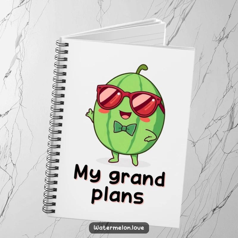 Funny notebook with a cheerful Kawaii watermelon wearing sunglasses and a bowtie, striking a pose, perfect for noting down cool ideas.