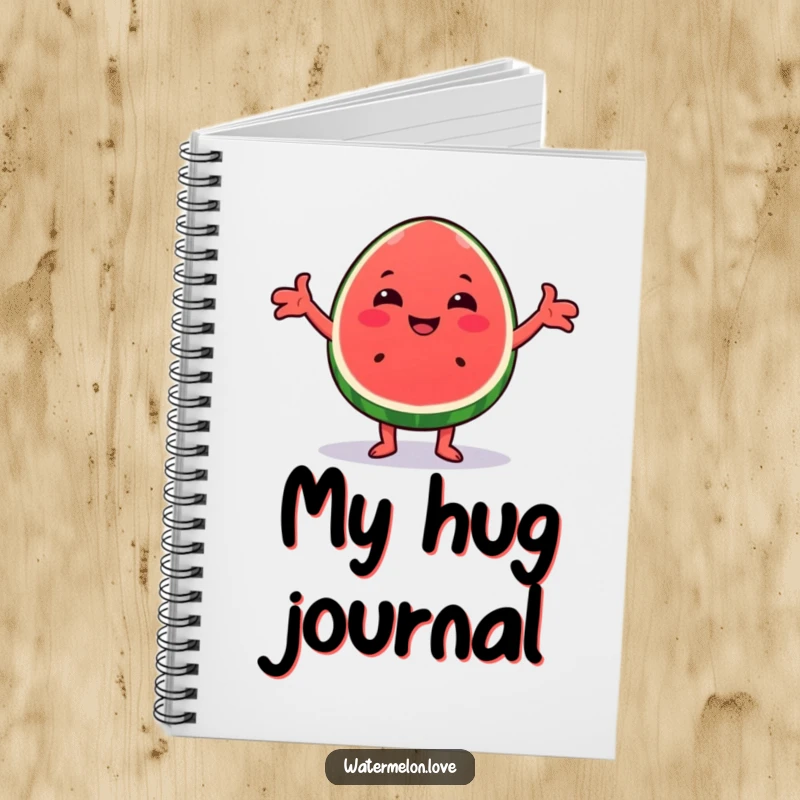 Funny Kawaii watermelon wedge notebook, featuring a character with arms outstretched, giving a cheerful hug, perfect for journaling.
