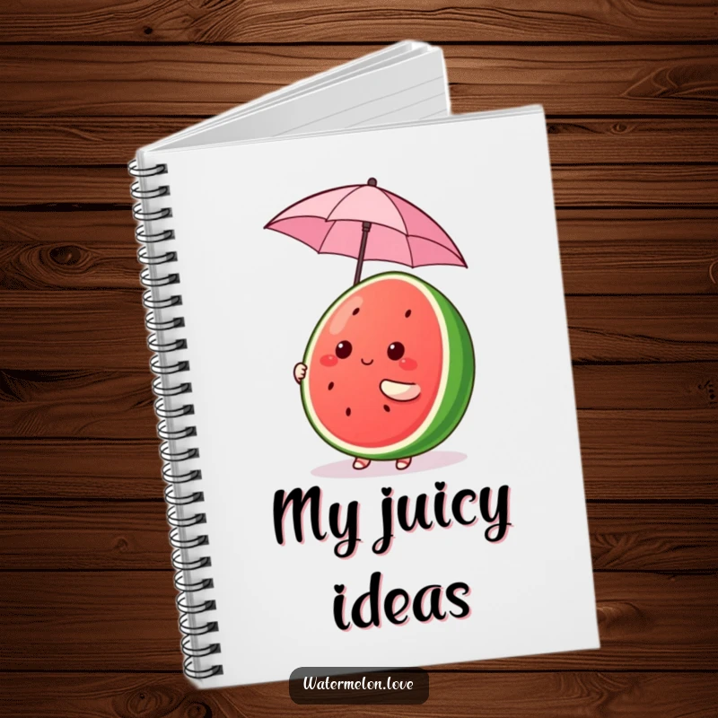 Funny Kawaii Watermelon Notebook, cute fruit character comically balancing a tiny umbrella, cheerful and funny stationery gift.