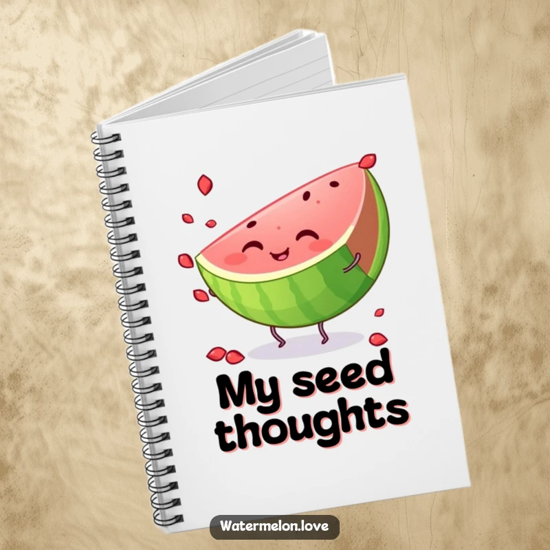 Funny watermelon notebook, a smiling slice with tiny legs, juggling seeds with enthusiasm, ideal for notes and journaling.