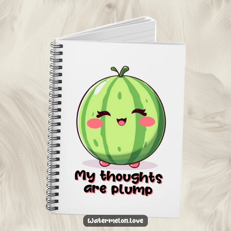 Funny winking watermelon notebook, a whole fruit with a playful wink and lively bounce, ready for writing.