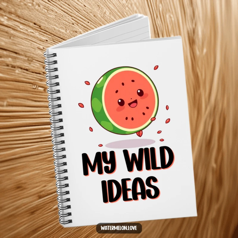 Funny notebook with a round Kawaii watermelon character doing a cartwheel, seeds flying, perfect for capturing funny thoughts and creative notes.