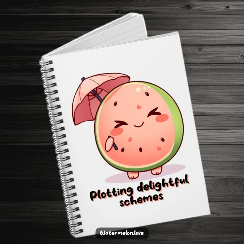 Funny Kawaii watermelon slice notebook winking and holding a tiny umbrella, perfect for jotting down playful ideas.