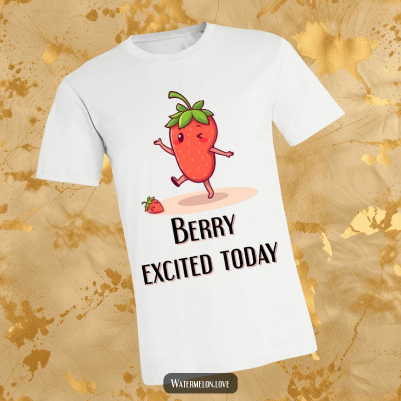 Funny strawberry t-shirt, anthropomorphic fruit character performing a cartwheel with enthusiasm, active and cheerful design.