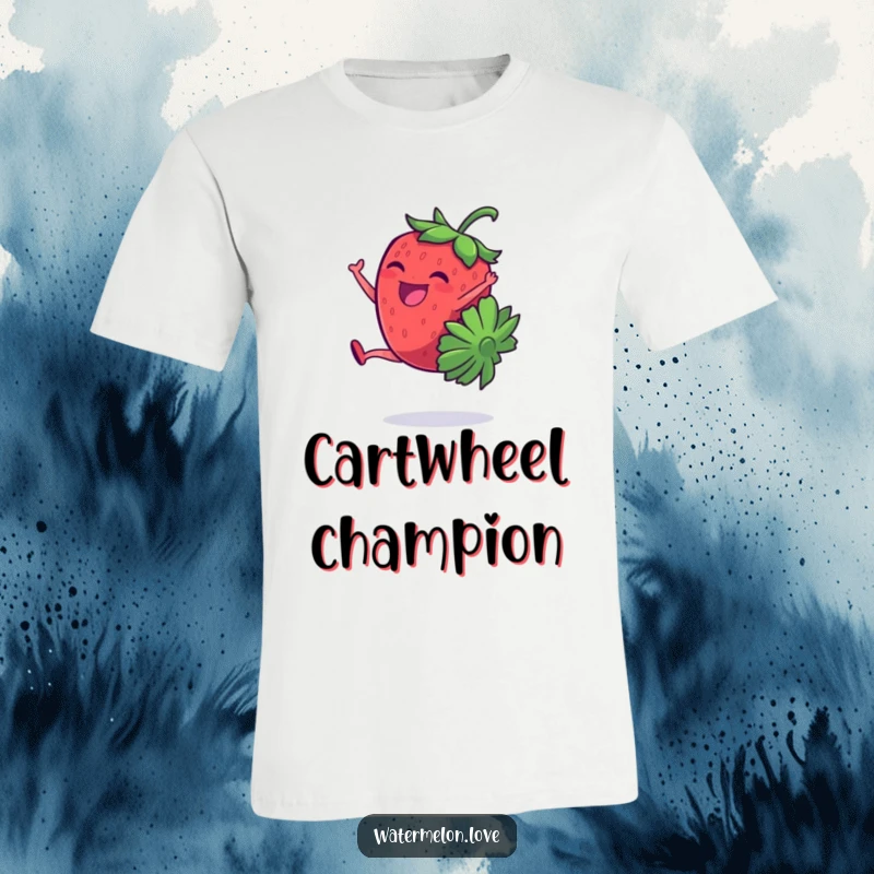 A funny, giggling strawberry character shown mid-cartwheel with infectious enthusiasm, printed on a fun t-shirt.