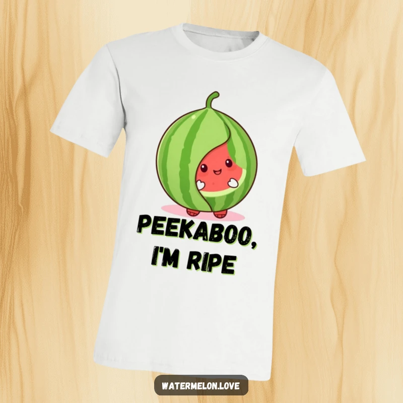 Cute watermelon character t-shirt peeking out from behind a large, vibrant, cheerful leaf, embodying innocence and playful mischief.