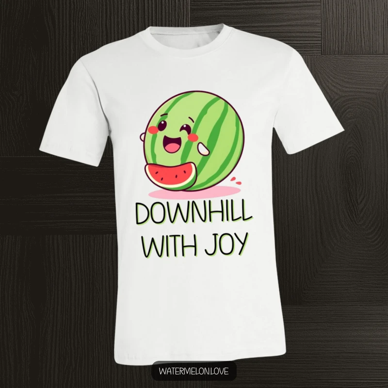 Stylized, happy watermelon t-shirt depicted rolling downhill with infectious glee, embodying a spirit of freedom and playful abandon.
