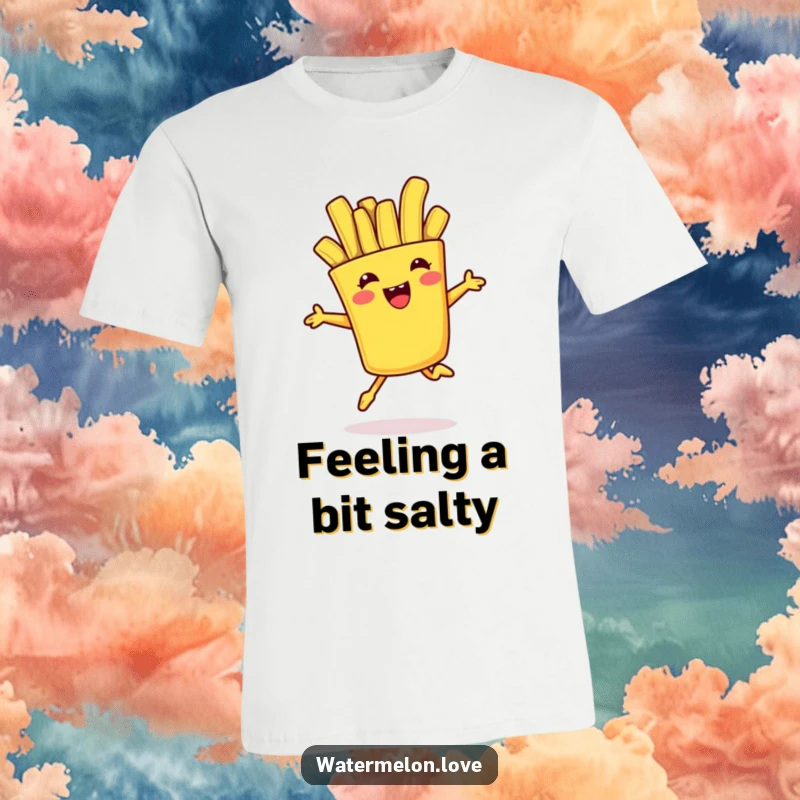 Funny t-shirt depicting an anthropomorphic french fry mid-jump with an energetic pose, perfect for food lovers and casual wear.