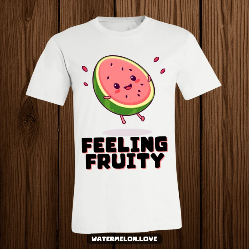 Funny Kawaii smiling watermelon slice doing a cartwheel, seeds flying, a hilarious depiction of summer fun and fruity energy.