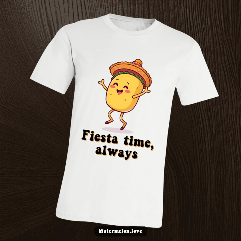 Funny t-shirt showcasing an anthropomorphic taco with legs dancing energetically beneath a sombrero, radiating pure joy.