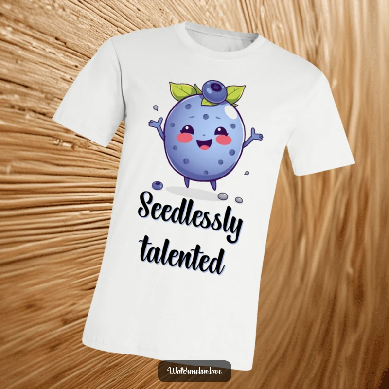 Funny t-shirt with an anthropomorphic blueberry joyfully juggling small seeds, radiating happiness and playful energy.