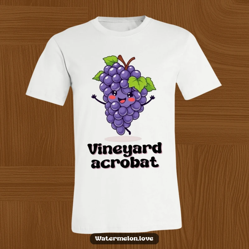 Funny t-shirt featuring a smiling grape cluster performing a cartwheel, embodying athletic fun and a cheerful fruity vibe.