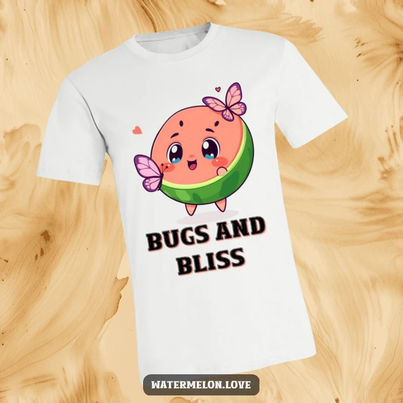 Funny kawaii watermelon slice with wide, excited eyes enthusiastically chasing a butterfly on a humorous t-shirt.