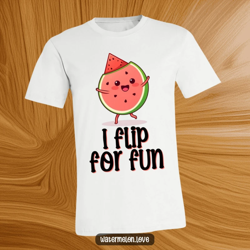 Funny kawaii watermelon slice mid-cartwheel with a gleeful expression on a fun, humorous t-shirt.