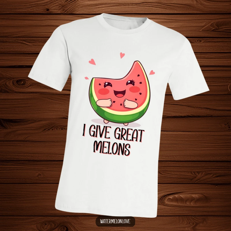 Funny kawaii watermelon slice t-shirt, joyfully giving a big hug with a huge smile, cool graphic tee.