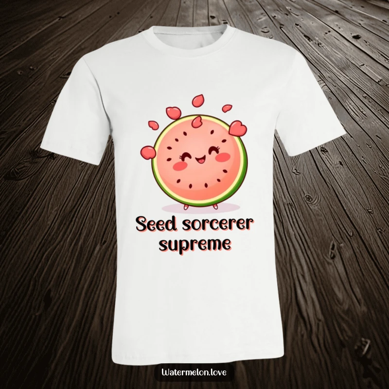 Funny kawaii watermelon slice juggling multiple seeds with a smile, a humorous and skillful t-shirt.