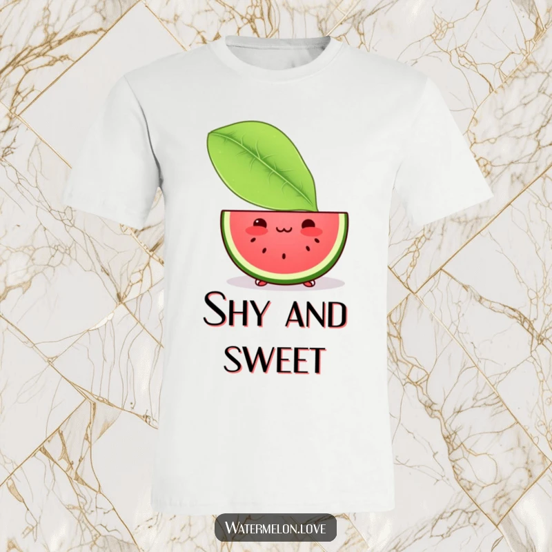Funny t-shirt with a blushing Kawaii watermelon slice peeking from behind a lush green leaf, exuding cute shyness and fruity delight.