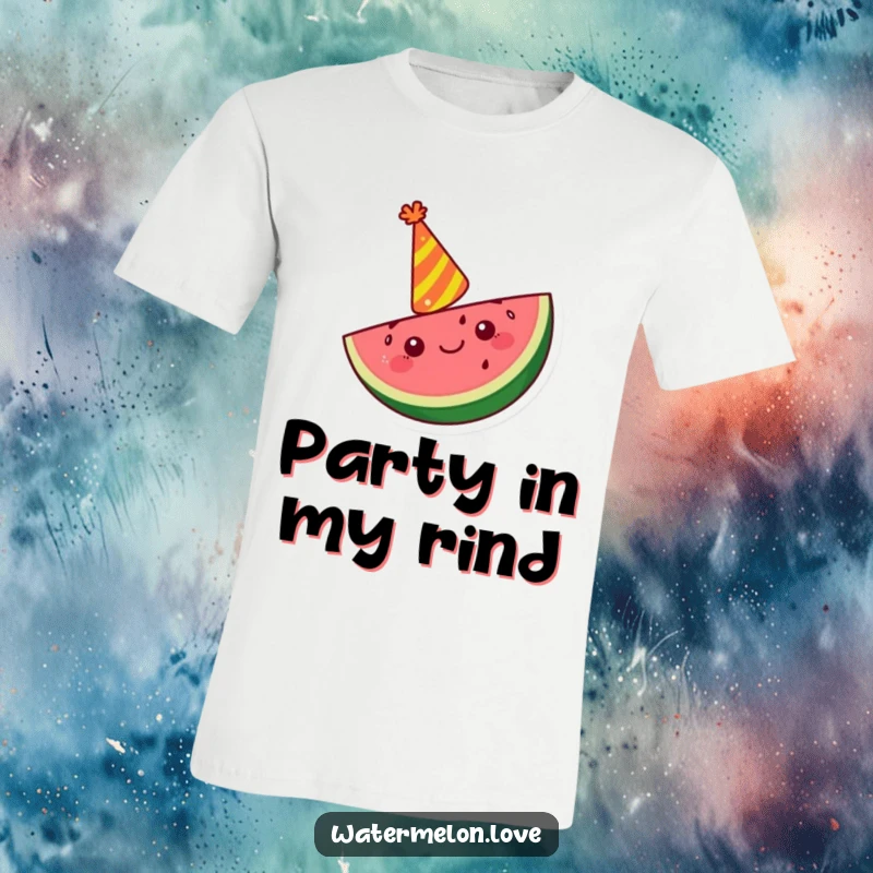 Funny Kawaii watermelon slice t-shirt with a party hat, cheering with infectious fruity enthusiasm.