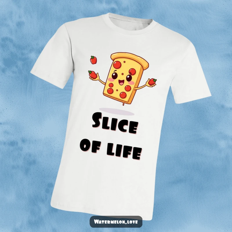 Funny pizza t-shirt, anthropomorphic pizza slice juggling pepperoni with a joyful expression, celebrating cheesy goodness.
