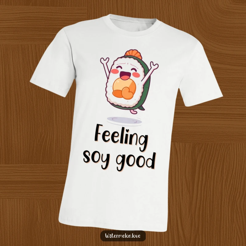 Funny sushi t-shirt, anthropomorphic sushi roll leaping energetically with a happy expression, celebrating delicious food.
