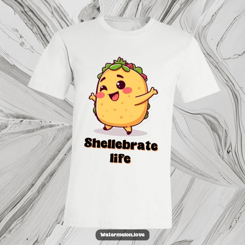 Funny taco t-shirt, anthropomorphic taco character dancing energetically with a joyful giggle, celebrating delicious Mexican cuisine.