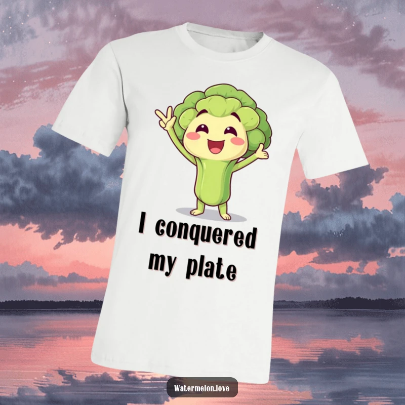 Funny T-Shirt: Anthropomorphic broccoli floret in a triumphant victory pose, celebrating health, a great funny gift.