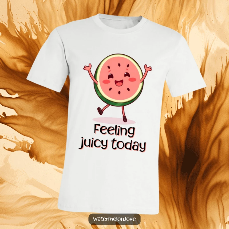Funny watermelon slice t-shirt caught mid-silly, bouncy dance, radiating pure, unadulterated happiness and a love for fruity fun.