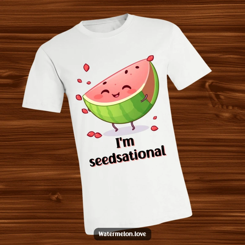 Funny watermelon t-shirt, featuring a happy watermelon slice with small legs, enthusiastically juggling seeds, great for casual wear.