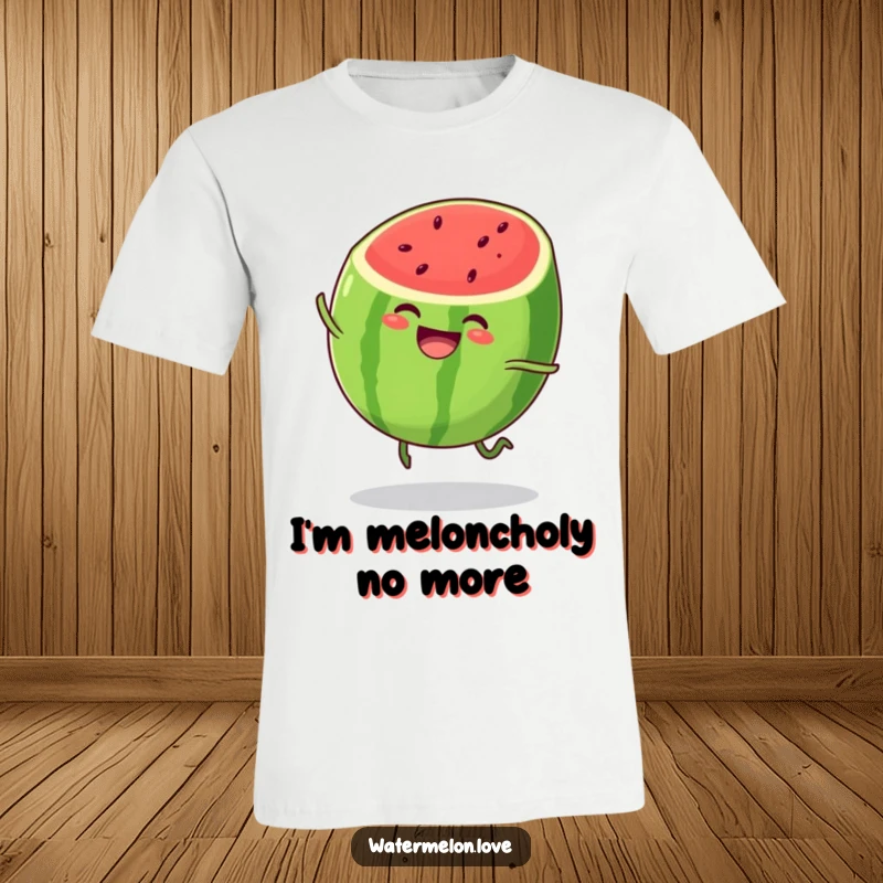 Funny watermelon t-shirt, anthropomorphic fruit character joyfully bouncing with infectious energy, summer fun theme.