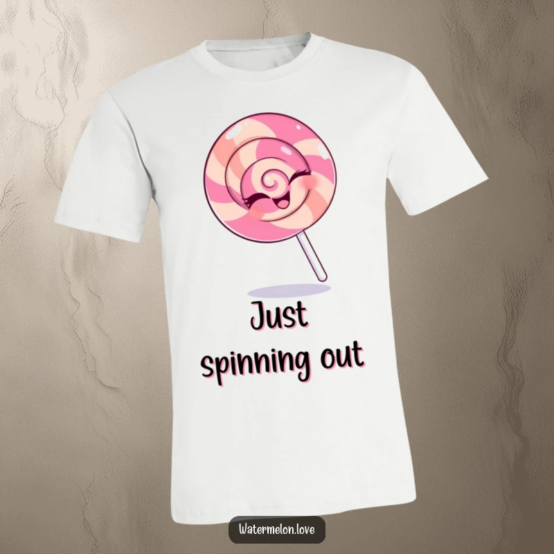 Funny t-shirt with a winking anthropomorphic lollipop spinning joyfully, perfect for showcasing a sweet and playful personality.