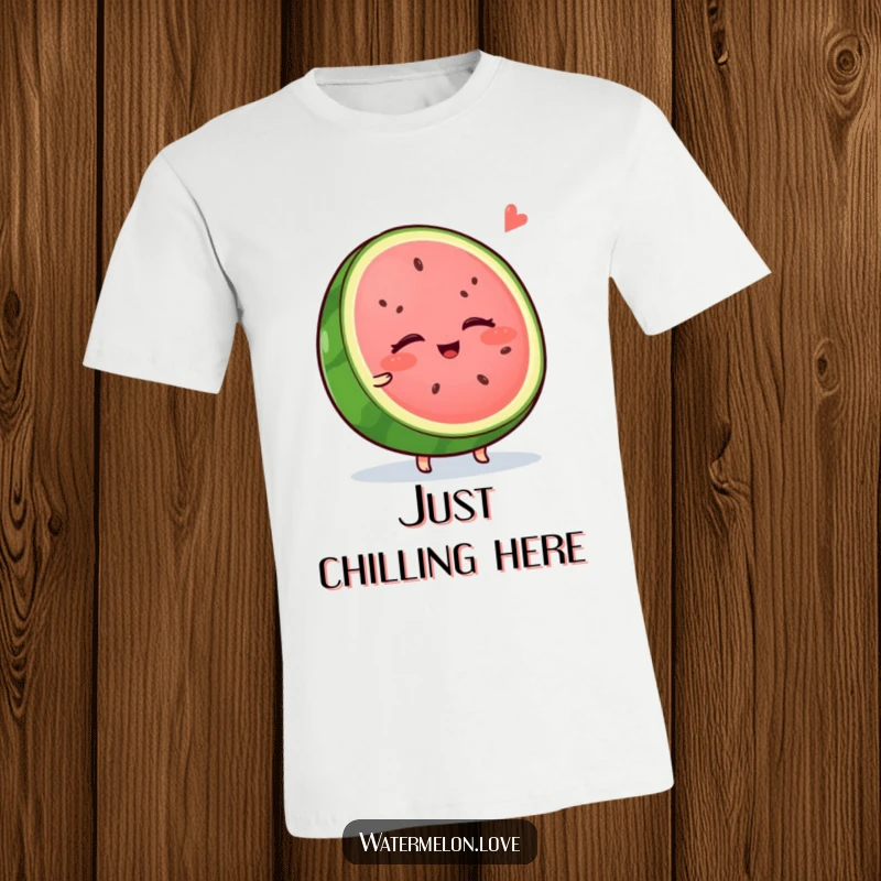 Funny watermelon t-shirt, a wobbly anthropomorphic slice with closed eyes, enjoying a gentle breeze, ideal for casual comfort.