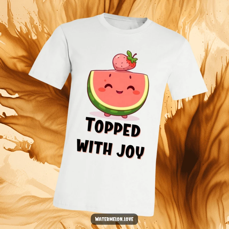 Happy watermelon slice t-shirt perfectly balancing a tiny, smiling berry on its head, radiating warmth and fruity camaraderie.