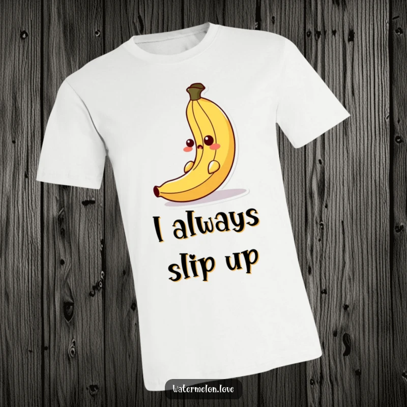 Funny t-shirt showcasing an anthropomorphic banana peel in a hilarious slipping pose with a shocked expression, perfect for casual wear.