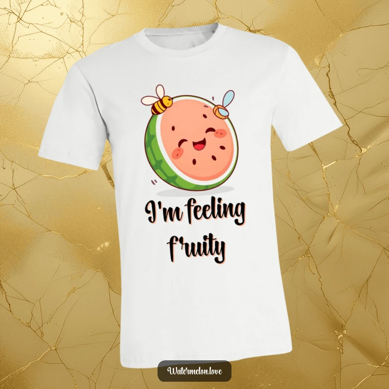 Funny t-shirt with a giggling segmented watermelon slice humorously pursuing a flying bee, showcasing a delightful and funny fruit character interaction.