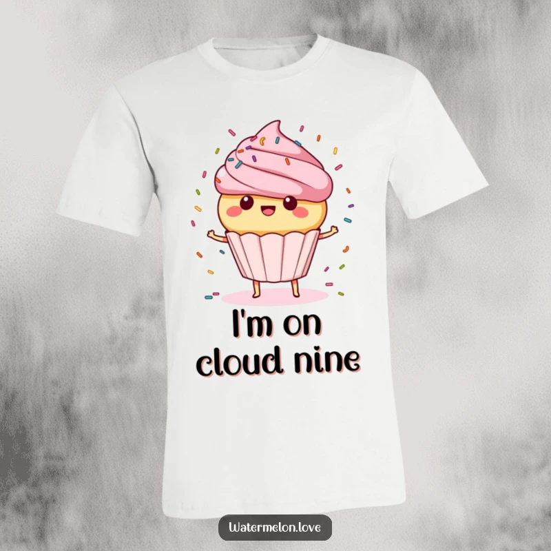 Funny T-Shirt: A happy cupcake character spinning happily, adorned with colorful sprinkles, a great funny gift.