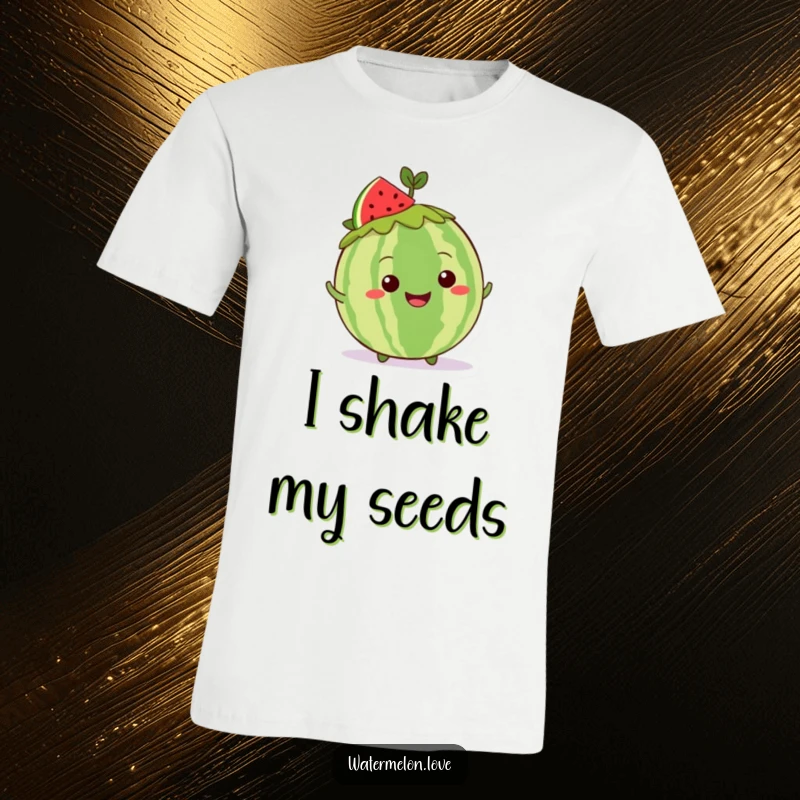 Funny Kawaii whole watermelon t-shirt featuring a cute character with a leafy crown, grinning and doing a fun shimmy.