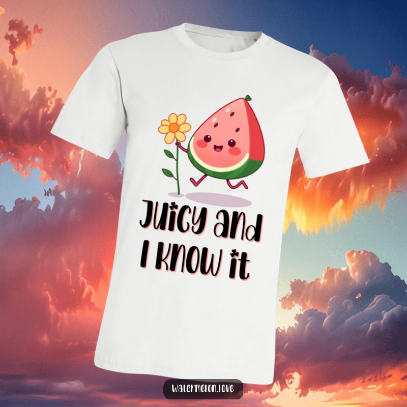 Funny kawaii watermelon with legs happily skipping with a flower, printed on a soft t-shirt, a delightful and humorous gift idea.