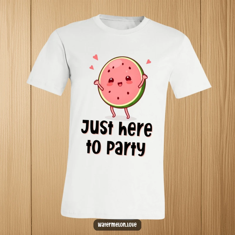 Funny t-shirt with a watermelon slice character in a dynamic, comical dance pose, full of energy and laughter.