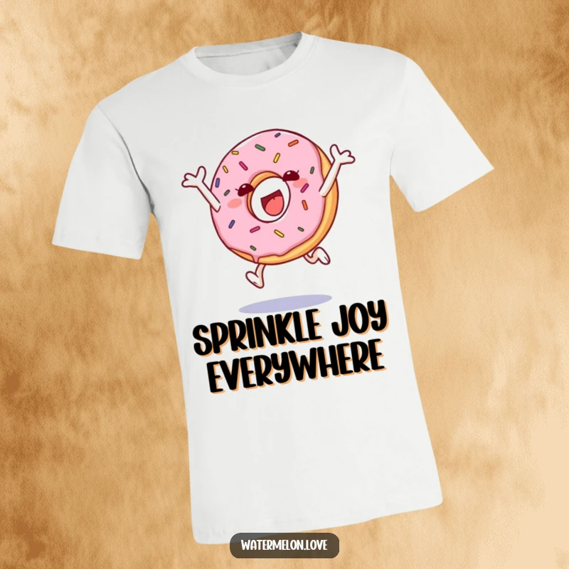 Funny t-shirt featuring a happy anthropomorphic donut with sprinkles mid-leap, full of sugary delight.
