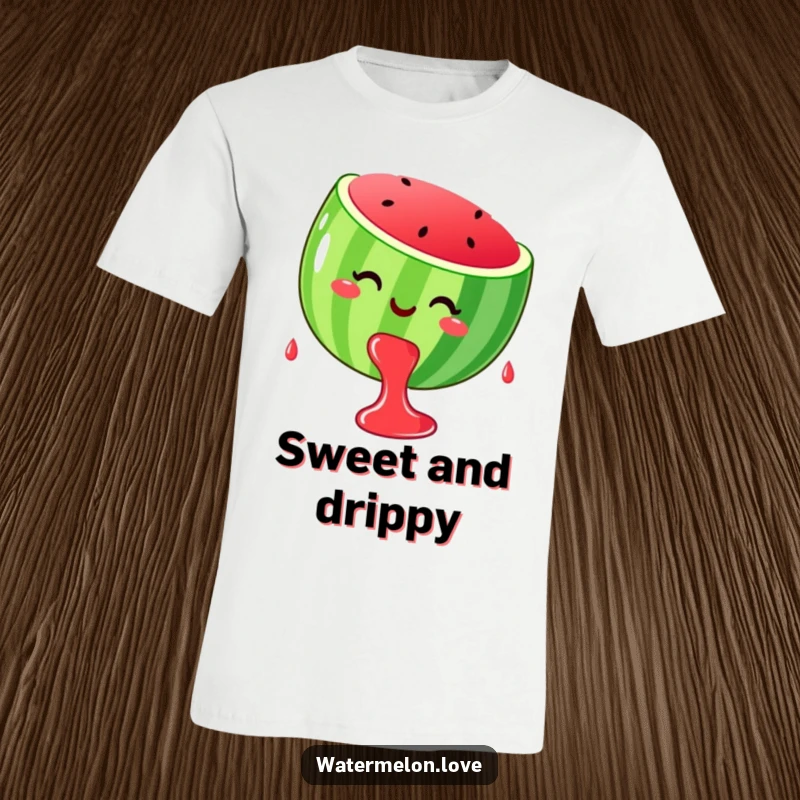 Funny stylized, smiling watermelon dripping happy juice drops, printed on a soft t-shirt.