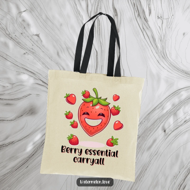 Funny tote bag featuring a smiling strawberry skillfully juggling several berries, making errands a joyful experience.