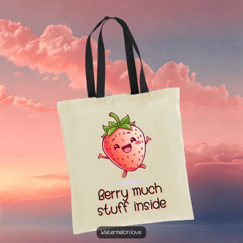 Funny Kawaii Strawberry Tote Bag: A happy strawberry character jumping with glee, ready to carry your essentials with a smile.