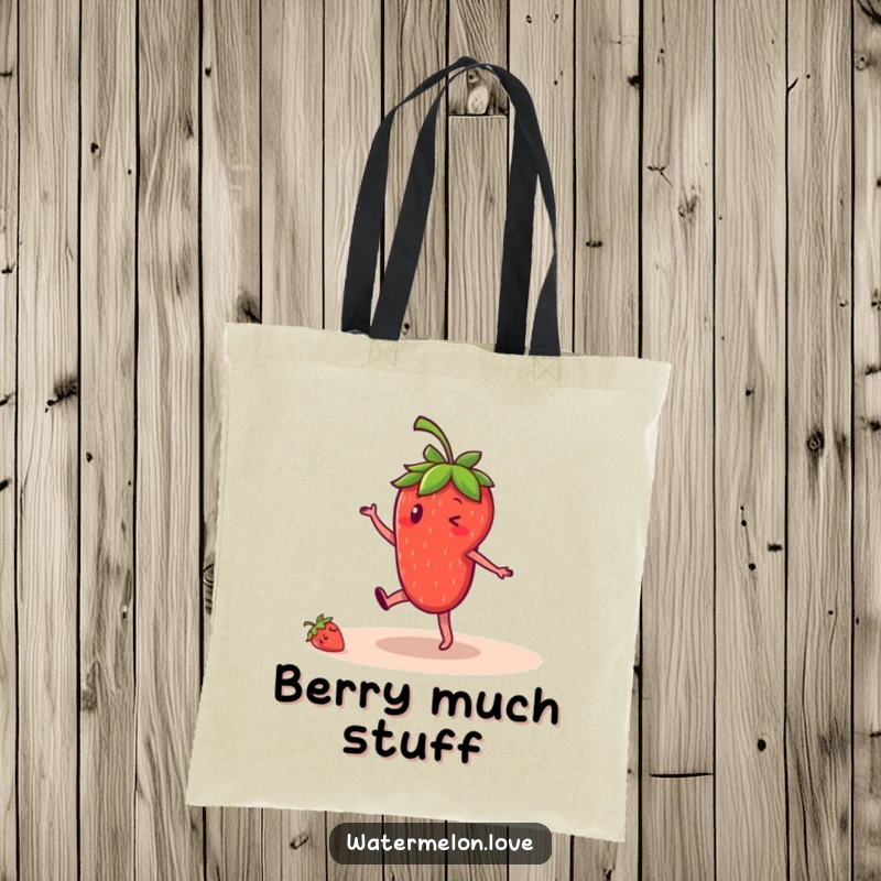 Funny strawberry tote bag, sturdy carry-all with anthropomorphic fruit character doing a cartwheel, practical and humorous.