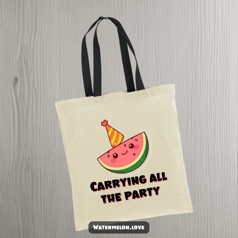 Funny Kawaii watermelon slice tote bag wearing a party hat and cheering, a humorous and fruity accessory.